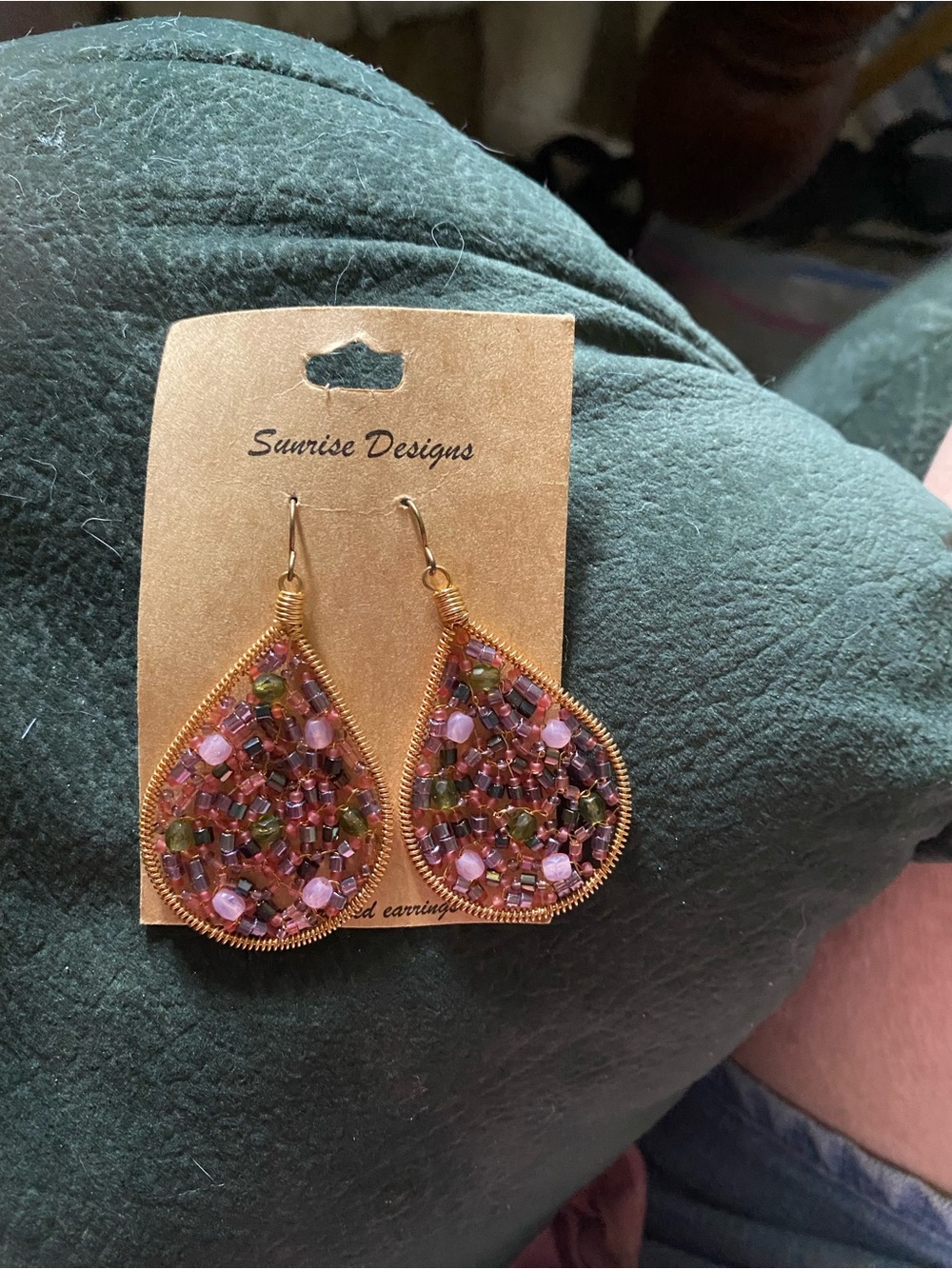 Pink and Green Beaded Teardrop Earrings